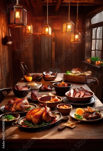 vibrant display tender juicy meats dynamic arrangement culinary delight, barbecue, barbecued, bites, carving, chef, cuisine, delicious, edibles, feast photo