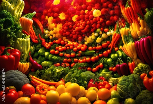 whimsical display floating vegetables vivid vibrant background colorful hues enchanting visuals, carrot, potato, lettuce, tomato, broccoli, pepper photo