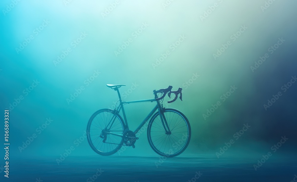 Obraz premium Silhouette of a road bicycle in a misty, turquoise-colored environment