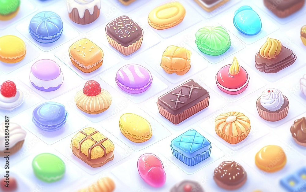 Obraz premium Colorful assortment of delicious desserts displayed on a bright surface, showcasing various shapes and flavors in a delightful arrangement