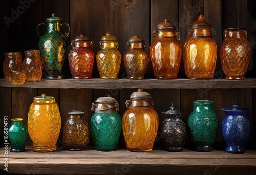 vibrant detailed array colorful mead jars various sizes designs displaying intricate patterns textures rustic wooden table, honey, glass, container, beverage photo