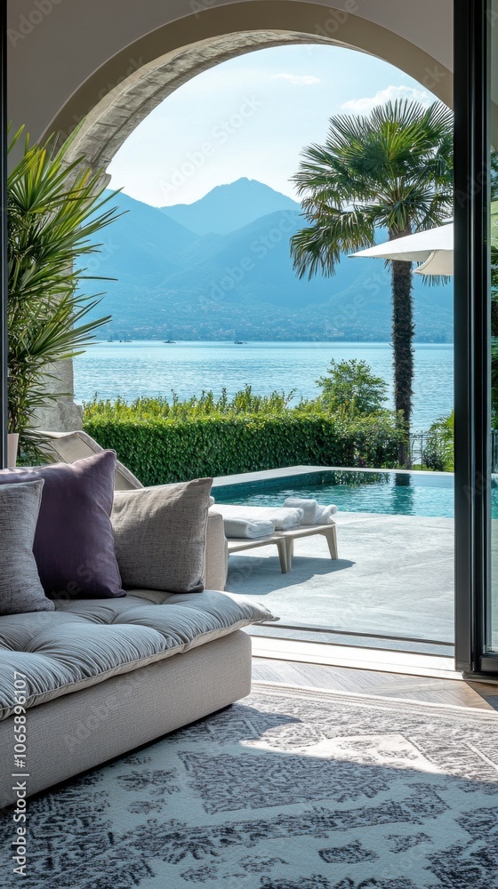 Fototapeta premium A large couch with pillows on it is in front of a pool. The couch is white and has a pattern on it