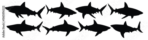 Shark silhouettes set, ocean pack of vector silhouette design, isolated background