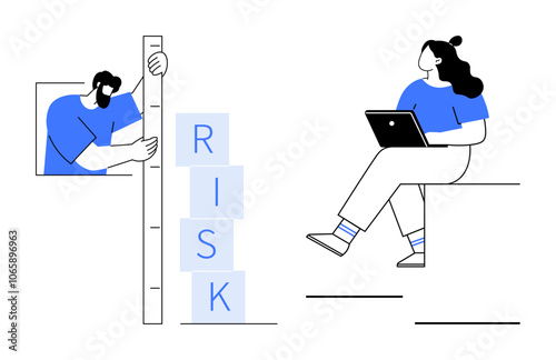 Man holding a ruler measuring the height of stacked blocks spelling RISK, woman with laptop seated nearby. Ideal for business risk management, data analysis, project planning, strategic decision