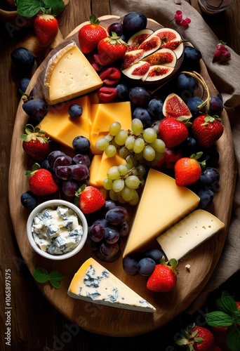 visually appealing assorted cheese platter featuring various colorful elegant presentation fresh ingredients wooden board, appetizer, arrangement, art, attic photo