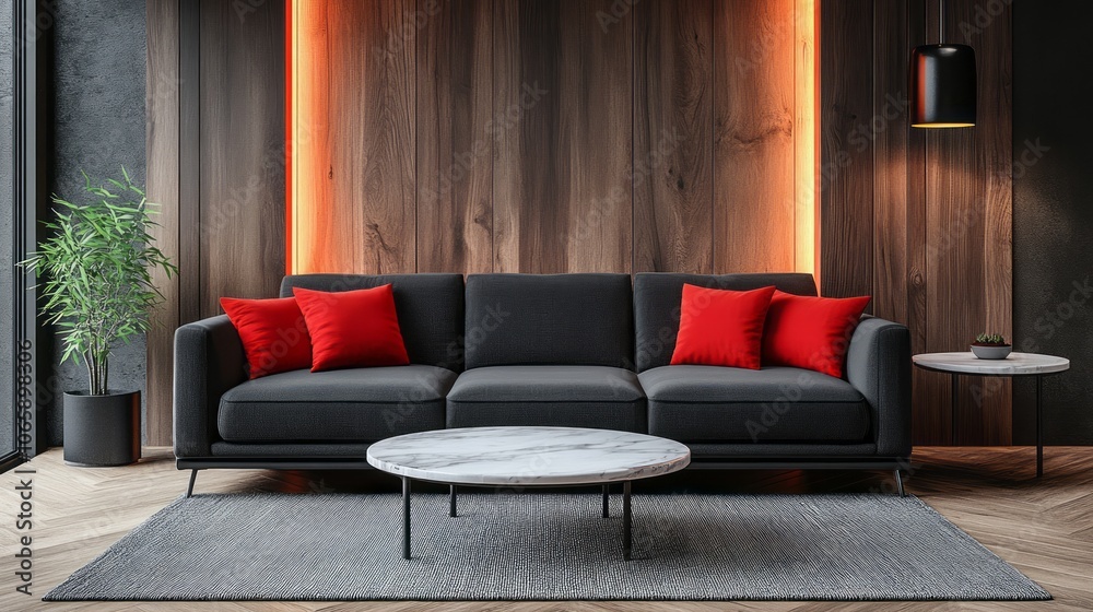 Fototapeta premium Modern Living Room with Black Sofa, Red Pillows, and Marble Coffee Table