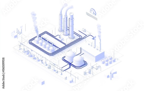 Industrial facility layout with piping and smoke stacks depicted in a stylized blue color scheme in a minimalist design photo