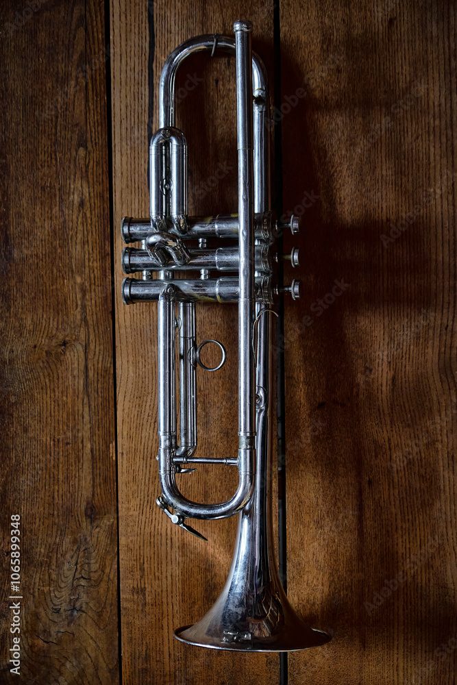 Fototapeta premium A vintage silver trumpet displayed against a rustic wooden background