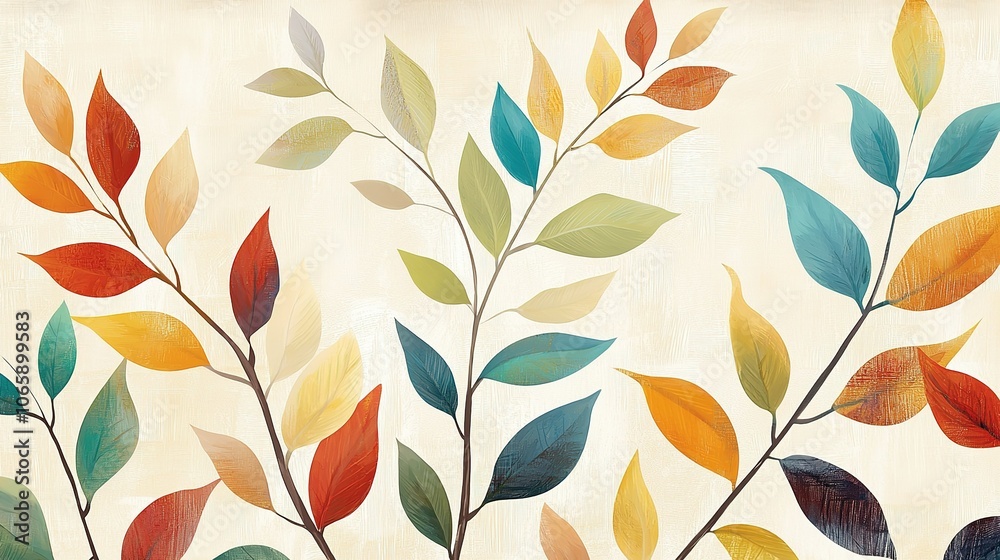 Fototapeta premium Colorful abstract leaves design on cream background showcasing autumn hues and flowing organic shapes in contemporary style