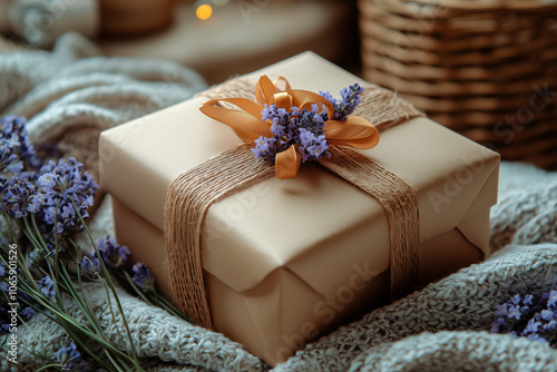 Elegant Holiday Gift Wrapped in Festive Ribbon on Neutral Background