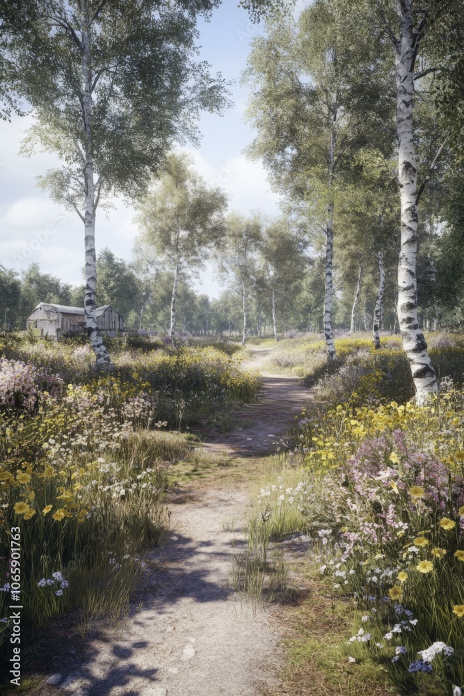 Fototapeta premium Serene Forest Path with Wildflowers and Birch Trees