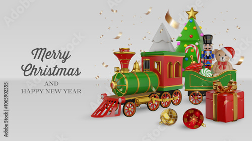 cristmas card with 3d christmas toys and christmas tree. merry christmas banner with 3d realistic steam train