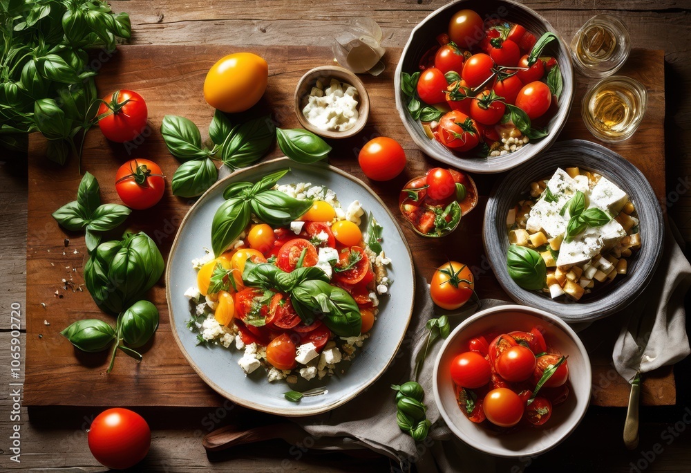 vibrant display colorful dishes rustic wooden board fresh ingredients delights cheerful feast presentation, appetizer, artisan, banquet, cuisine, decor vibrant display colorful dishes rustic wooden board fresh ingredients delights cheerful feast presentation, appetizer, artisan, banquet, cuisine, decor