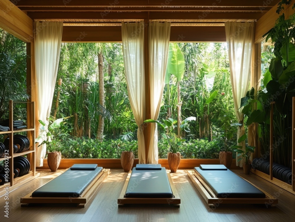 Fototapeta premium Three beds are in a room with curtains. The curtains are white. There are plants in the room