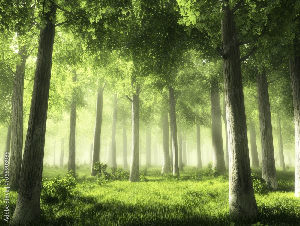 Obraz premium Sunbeams Through a Misty Forest: Tranquil Nature Photography