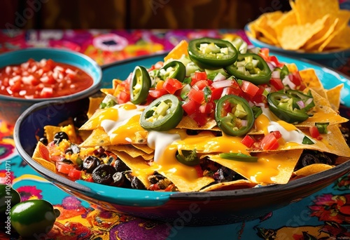 vibrant close view loaded nachos colorful retro table featuring melty fresh splash salsa, appetizer, array, bright, bowl, burst, candlelit, celebration photo