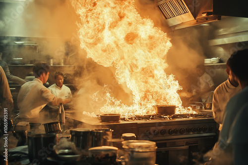 a fire in a profession kitchen
