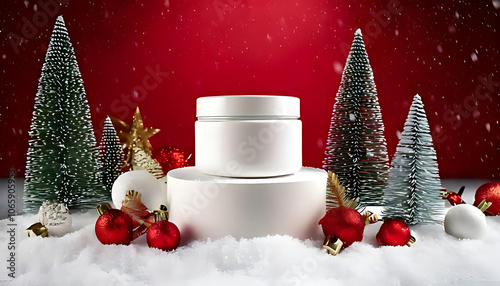 white jar contains festive moisturizer cylinder podium amidst christmas decorations snow photo