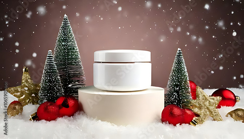 white jar contains festive moisturizer cylinder podium amidst christmas decorations snow photo