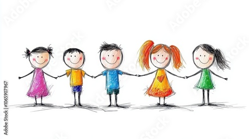 A colorful drawing of five children holding hands, showcasing friendship and unity in a playful and cheerful manner.