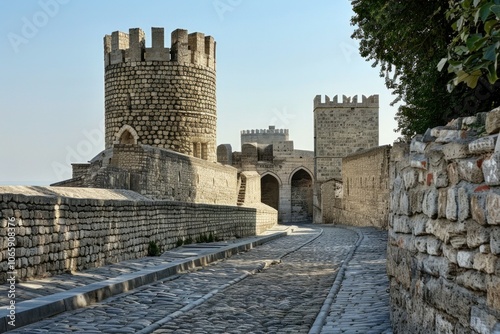 Ancient rabati castle featuring a cobblestone road leading to fortified gates with guard towers photo