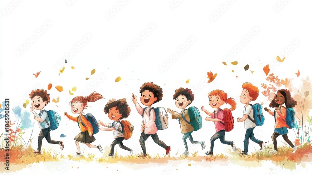 Obraz premium A colorful illustration of joyful children walking together, with backpacks and leaves falling around them, capturing a spirit of adventure and friendship.