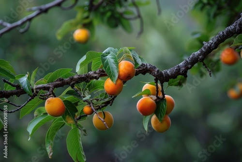 Branch full of ripe apricots is growing on a tree with green leaves on a sunny day