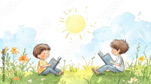 Two children reading in a sunny field, surrounded by flowers, enjoying a peaceful day outdoors.