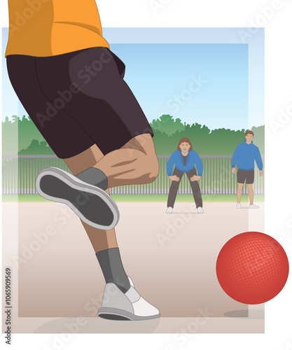 kickball, back view of male player ready to kick the ball towards opponents with the playing field in the background