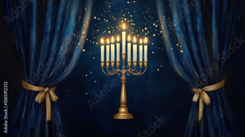 Beautiful Hanukkah menorah with candles in cozy traditional setting at night photo