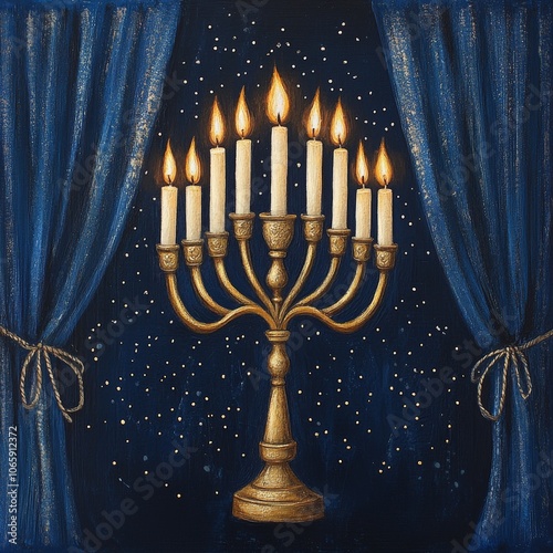 Beautiful Hanukkah menorah with candles in cozy traditional setting at night photo