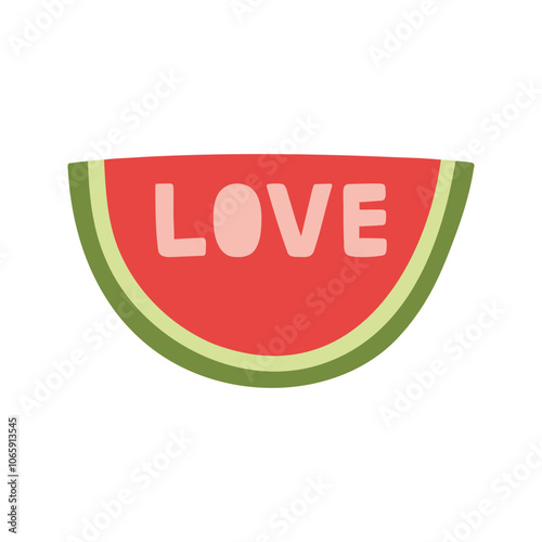 Watermelon half circle with love lettering. Hand drawn cartoon summer fruit illustration