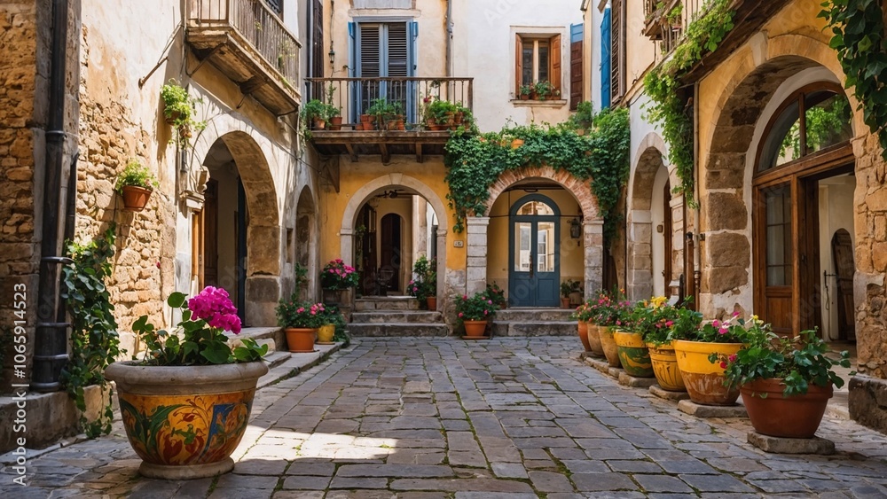 Fototapeta premium Charming Historic Italian Courtyard with Stone Archways and Potted Plants