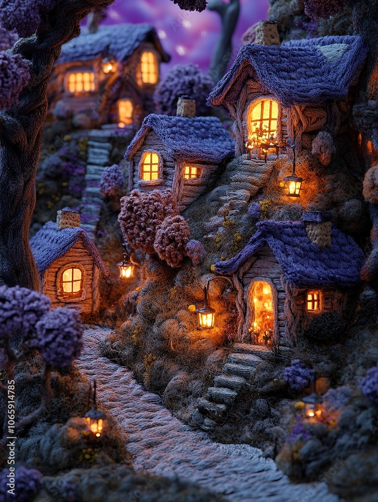 Fototapeta premium A small village scene with quaint cottages, each with warm light glowing from the windows, woolen style, wool yarn art