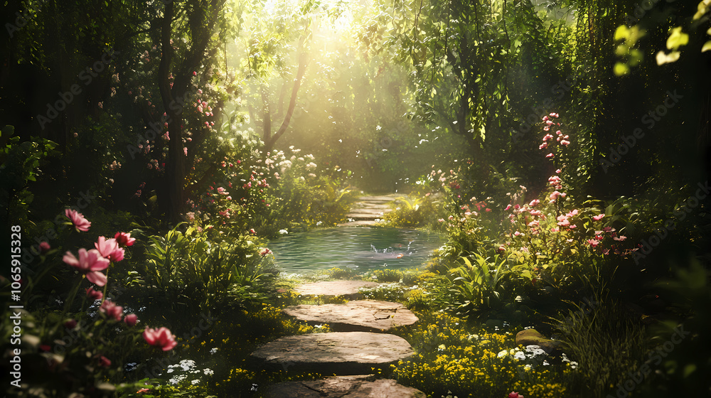 Obraz premium A magical, overgrown garden with a stone pathway, a pool of water. Dreamscape. Illustration