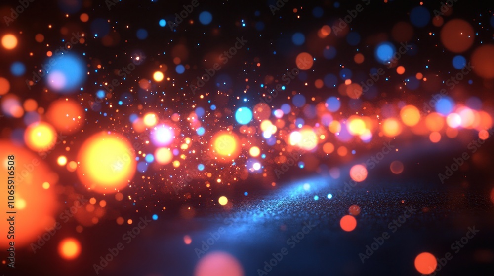 Fototapeta premium Abstract background with glowing particles and bokeh effect in red, orange, and blue colors.