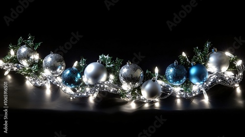 Twinkling white lights arranged in a wave, with silver and blue ornaments and sprigs of holly around on a black background photo