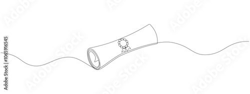 Continuous single line drawn, certificate or diploma with award badge . Single line drawn badge academic scroll paper,. Vector illustration.