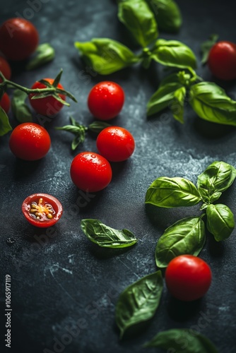 Fresh cherry tomatoes and basil leaves on dark rustic surface