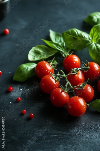 Fresh red cherry tomatoes and basil on dark background
