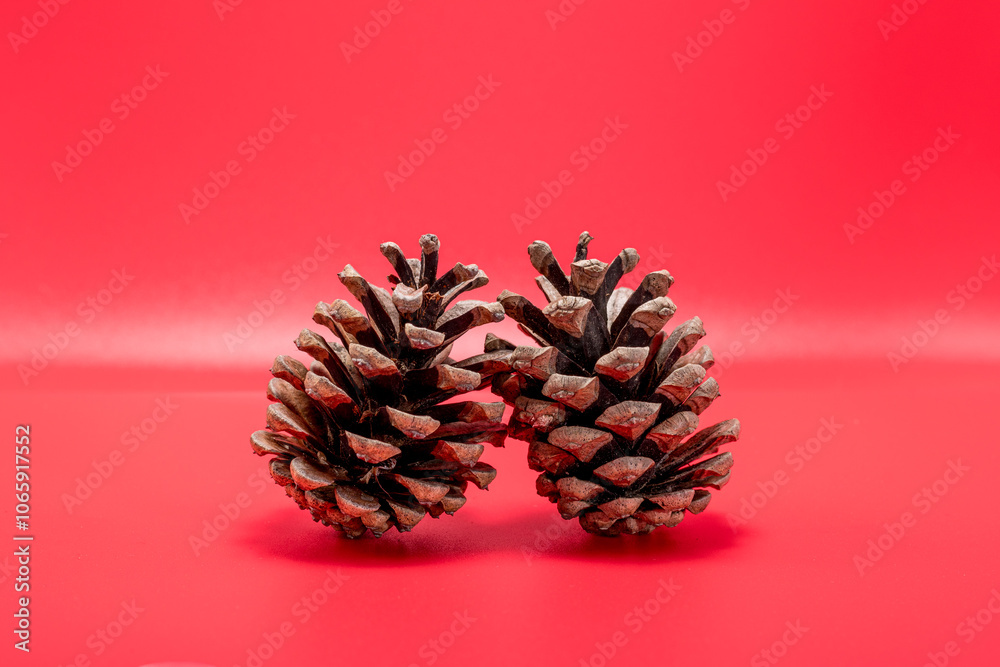 Fototapeta premium Two Pine Cones Collected in the Mountains in Autumn: the forest in the Studio on a Red Background, Isolated, Christmas theme.