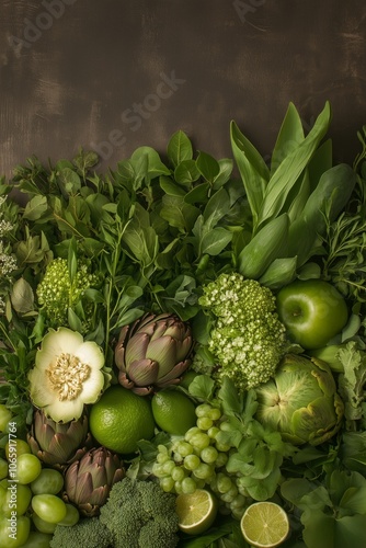 Fresh green vegetables and fruits display with artichokes, apples, and limes