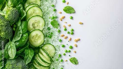 Fresh green vegetables and ice on white background
