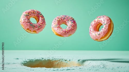 Floating pink donuts with colorful sprinkles against a pastel green background photo