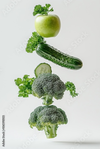 Floating green vegetables and fruits: fresh apple, cucumber, broccoli with parsley