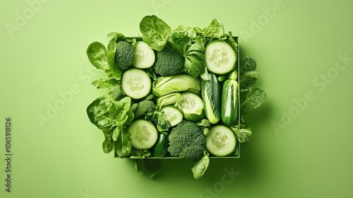 Fresh green vegetables arrangement: cucumber, broccoli, and lettuce on green background
