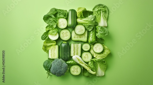 Fresh green vegetables composition on light green background