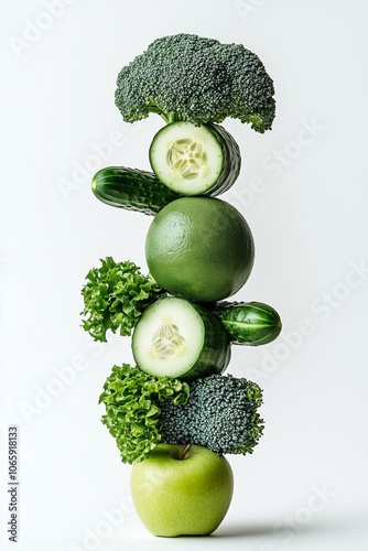 Fresh green stack: apples, broccoli, cucumbers, and melons in perfect balance