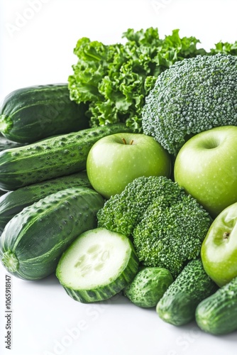 Fresh green vegetables and fruits: cucumber, broccoli, and apple assortment