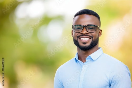 smiling man in glasses against blurred green background